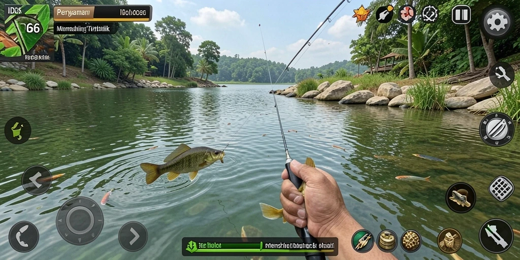Tampilan gameplay ID66 dengan ikan yang beraneka ragam dan lokasi yang indah.