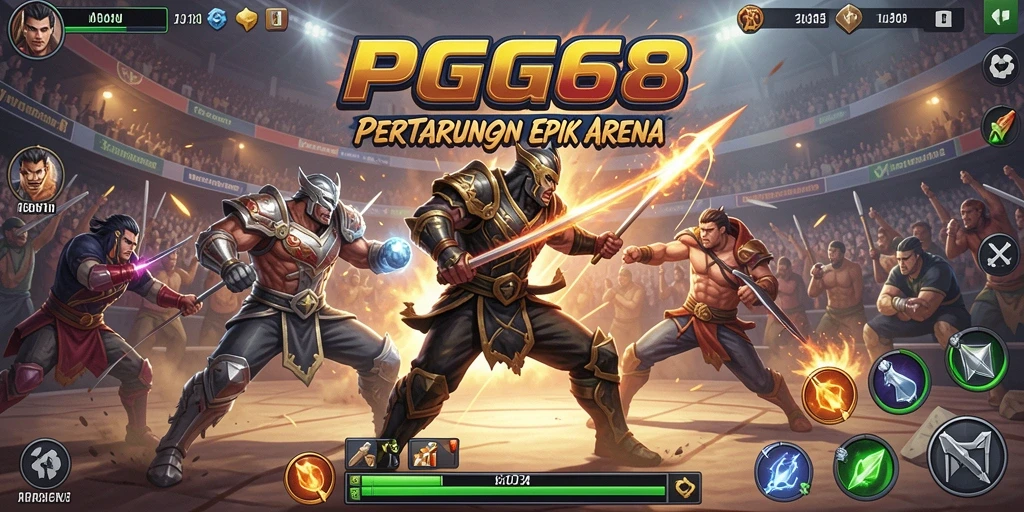 Tampilan gameplay PGG68 dengan pertarungan seru dan karakter unik.