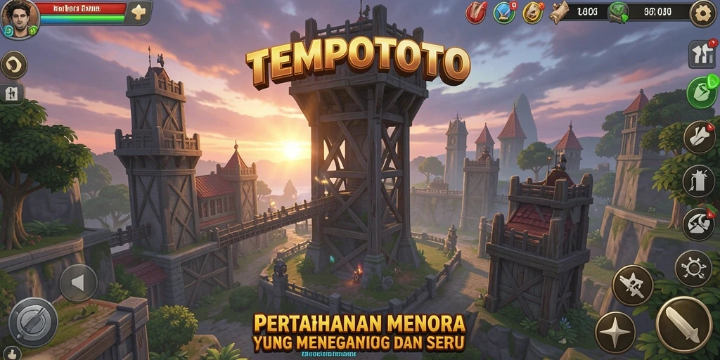 Tampilan gameplay terbaik TEMPOTOTO yang menunjukkan pertahanan menara yang strategis.