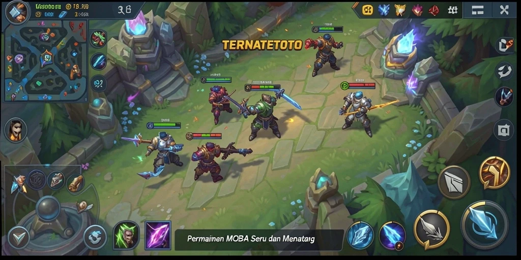 Tampilan gameplay menyerupai pertempuran epik dalam MOBA.